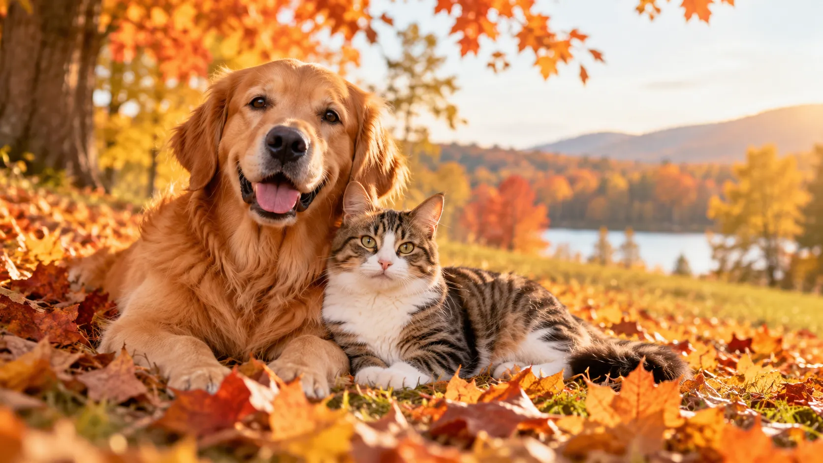 Golden retriever and tabby cat lying together in a bed of orange and red fall leaves beside a lake, with autumn trees and hills behind them